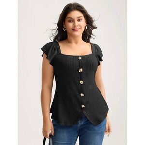 BloomChic Womens Black Textured Ruffle Sleeve Decorative Button Front Top US 10